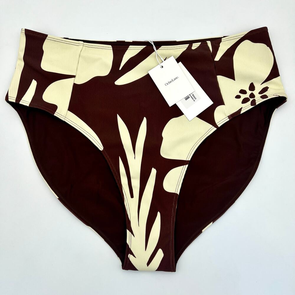 OchreLane High Waist Swim Bottoms Womens 16 AU20 Brown Cream Floral Ribbed NWT